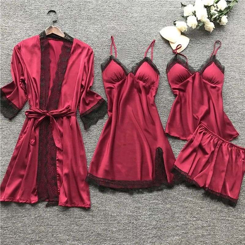 Women Pyjama Set Satin Two Piece Lace Print Sleepwear Set - Evergreen Outfits- Women Sleepwear