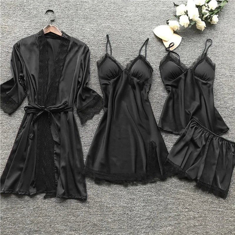 Women Pyjama Set Satin Two Piece Lace Print Sleepwear Set - Evergreen Outfits- Women Sleepwear