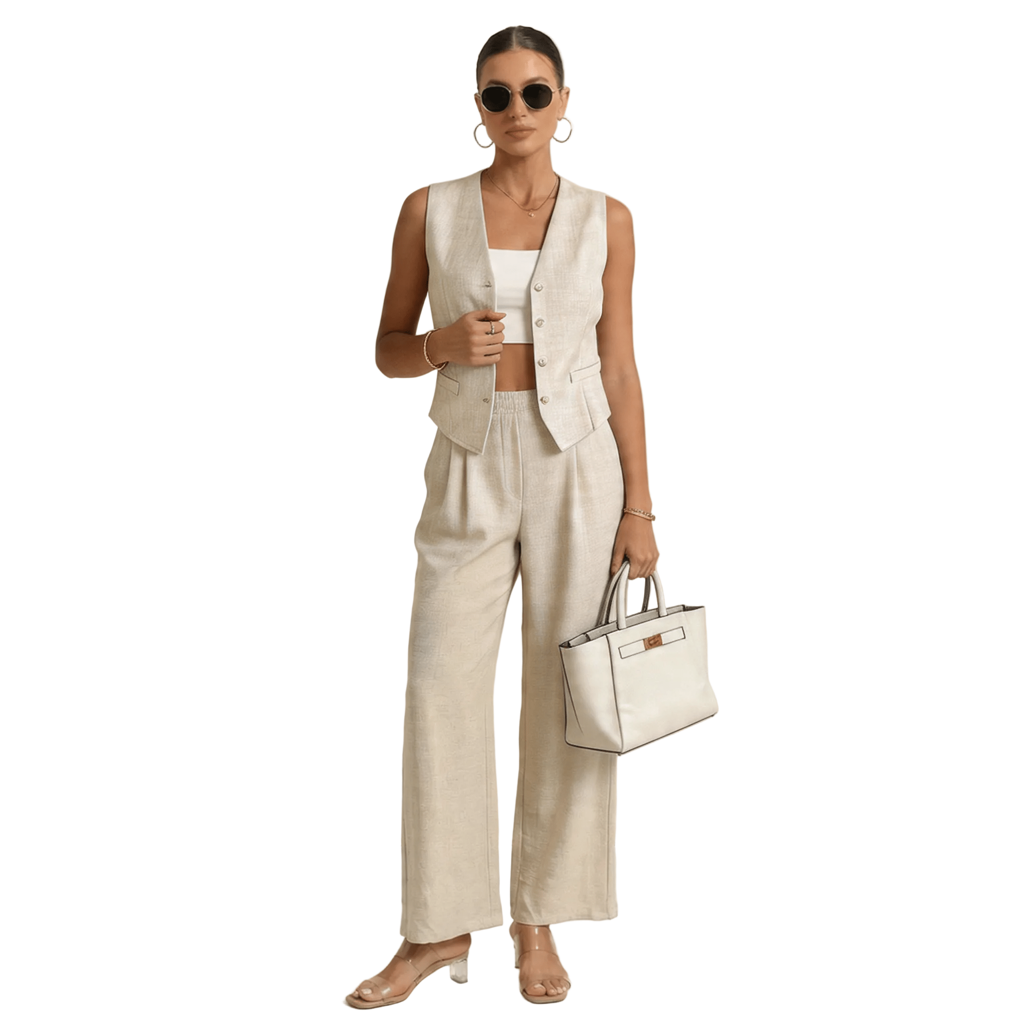 Women Set Sleeveless Cardigan Wide Leg Trousers Fit - Evergreen Outfits - Women Set
