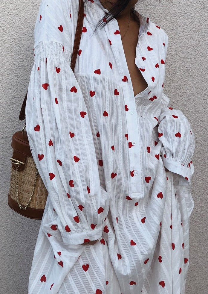 Women Shirt Dress Oversized Maxi Length Balloon Sleeve - Evergreen Outfits - Women Maxi Dress