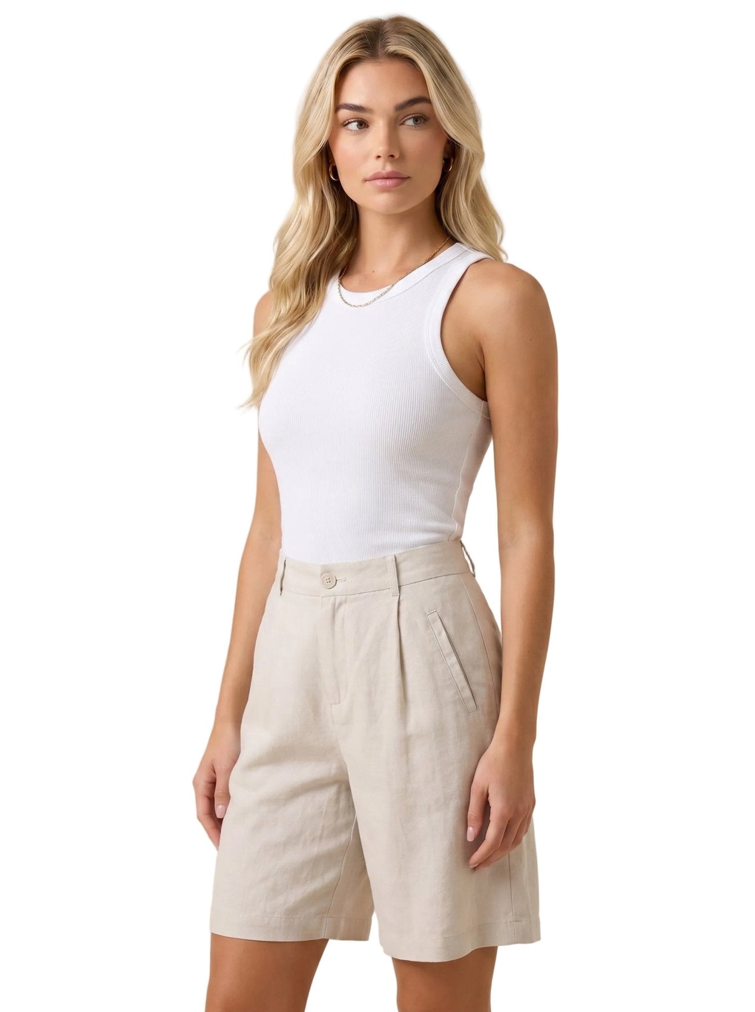 Women Shorts Knee Length Linen Blend Relaxed Plain Fit - Evergreen Outfits - Women Shorts