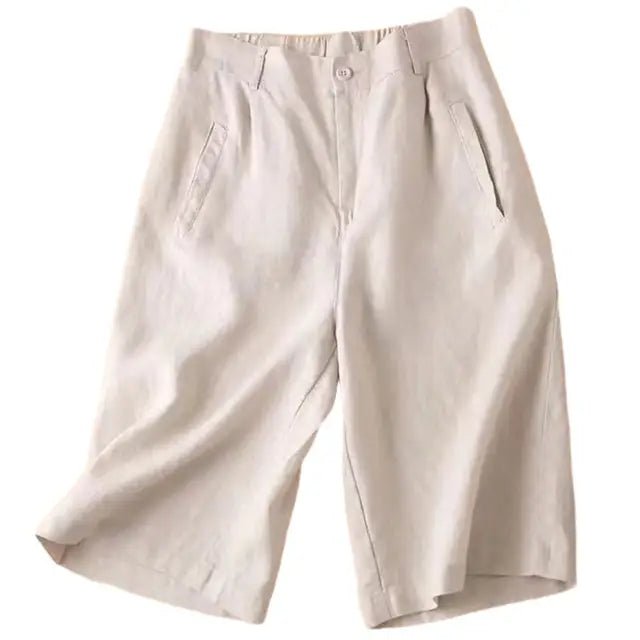 Women Shorts Knee Length Linen Blend Relaxed Plain Fit - Evergreen Outfits - Women Shorts