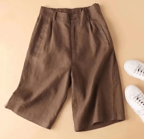 Women Shorts Knee Length Linen Blend Relaxed Plain Fit - Evergreen Outfits - Women Shorts