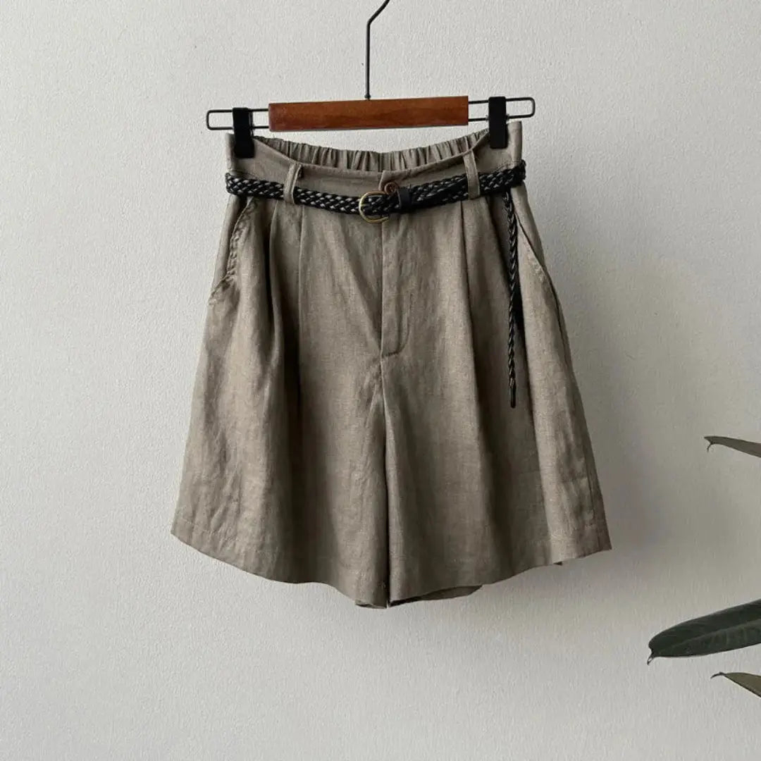 Women Shorts Linen High Waist Pleated Elastic Waistband - Evergreen Outfits - Women Short