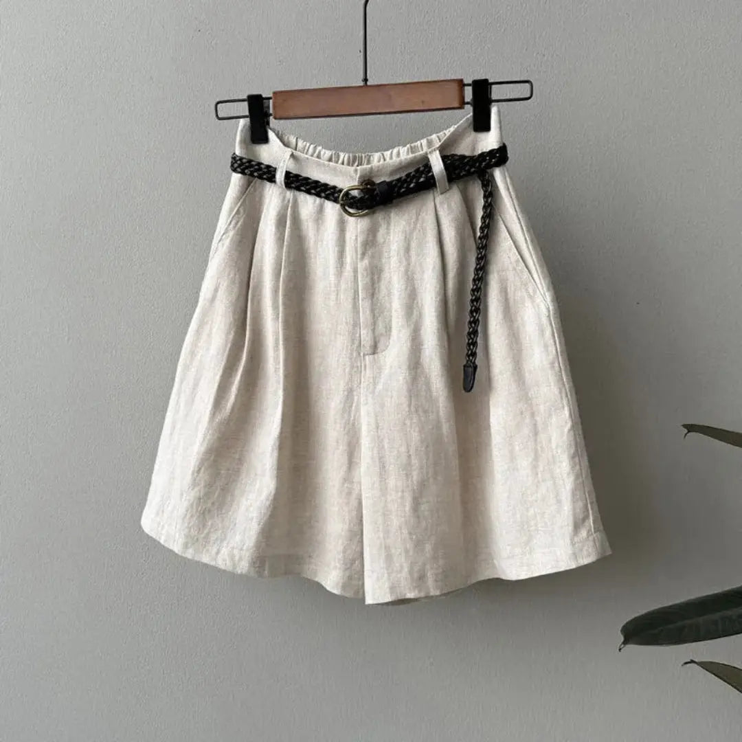 Women Shorts Linen High Waist Pleated Elastic Waistband - Evergreen Outfits - Women Short
