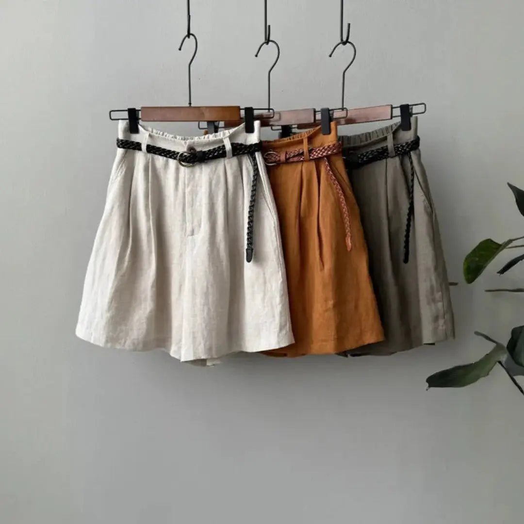 Women Shorts Linen High Waist Pleated Elastic Waistband - Evergreen Outfits - Women Short
