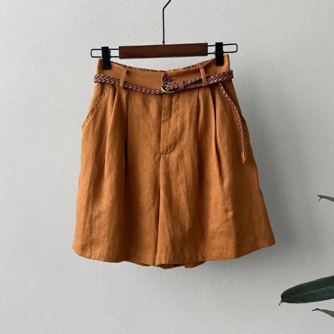 Women Shorts Linen High Waist Pleated Elastic Waistband - Evergreen Outfits - Women Short