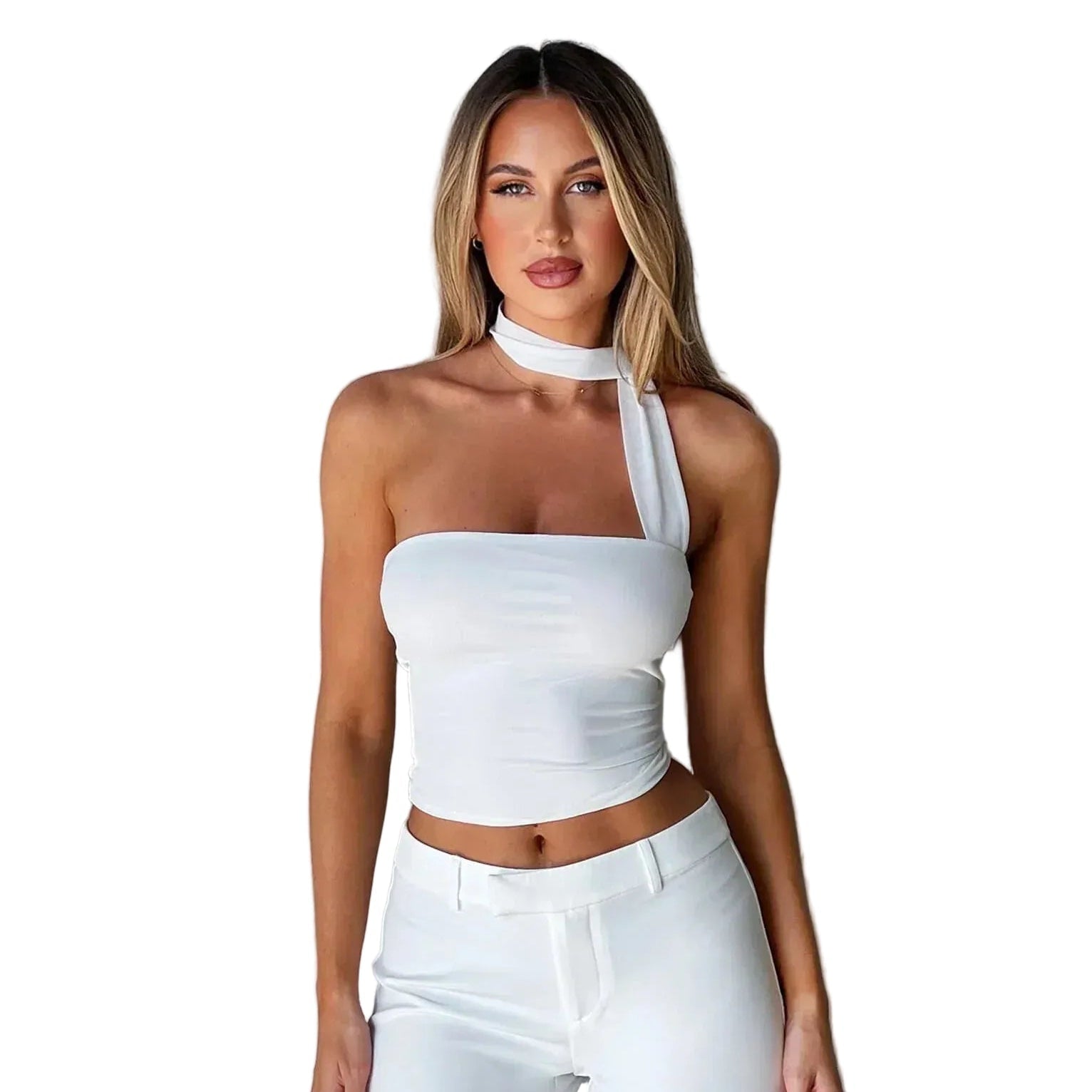 Women Sleeveless Top Asymmetrical Neckband Detail Design - Evergreen Outfits - Women Top