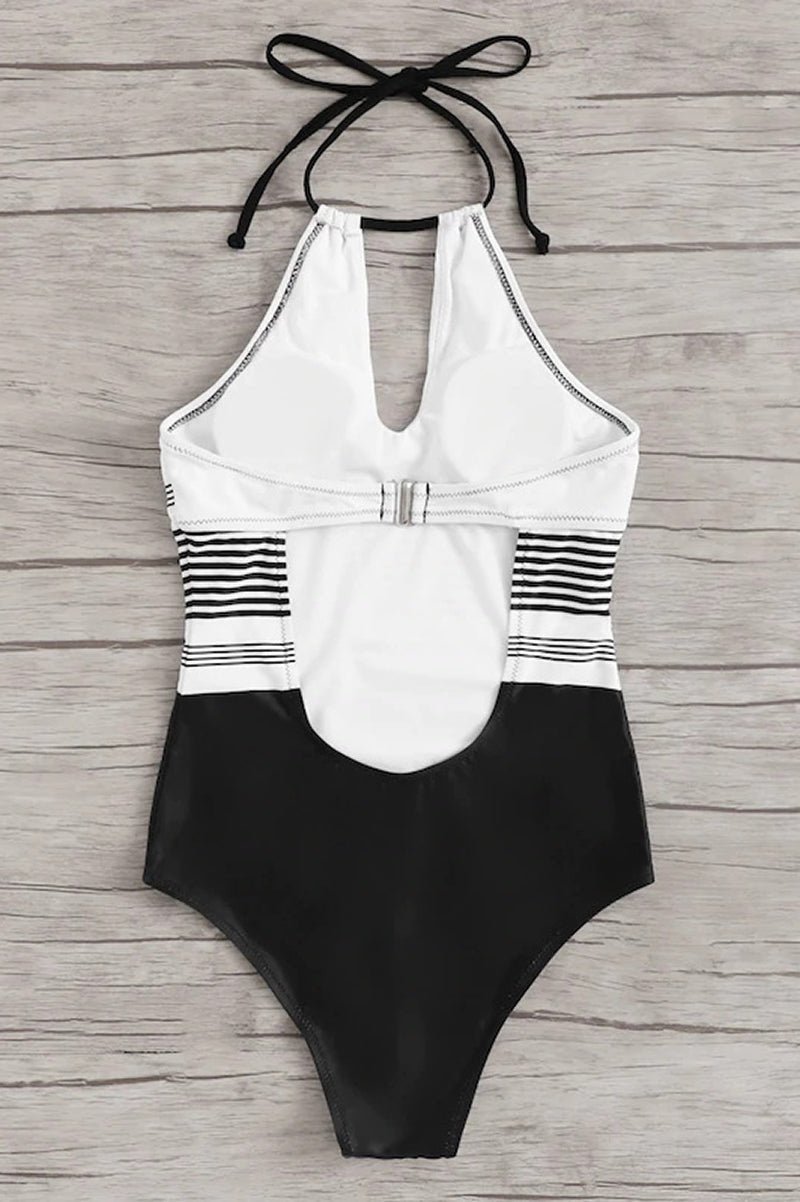 Women Swimsuit Halter Keyhole Neckline Striped One Piece - Evergreen Outfits - Women Swimwear