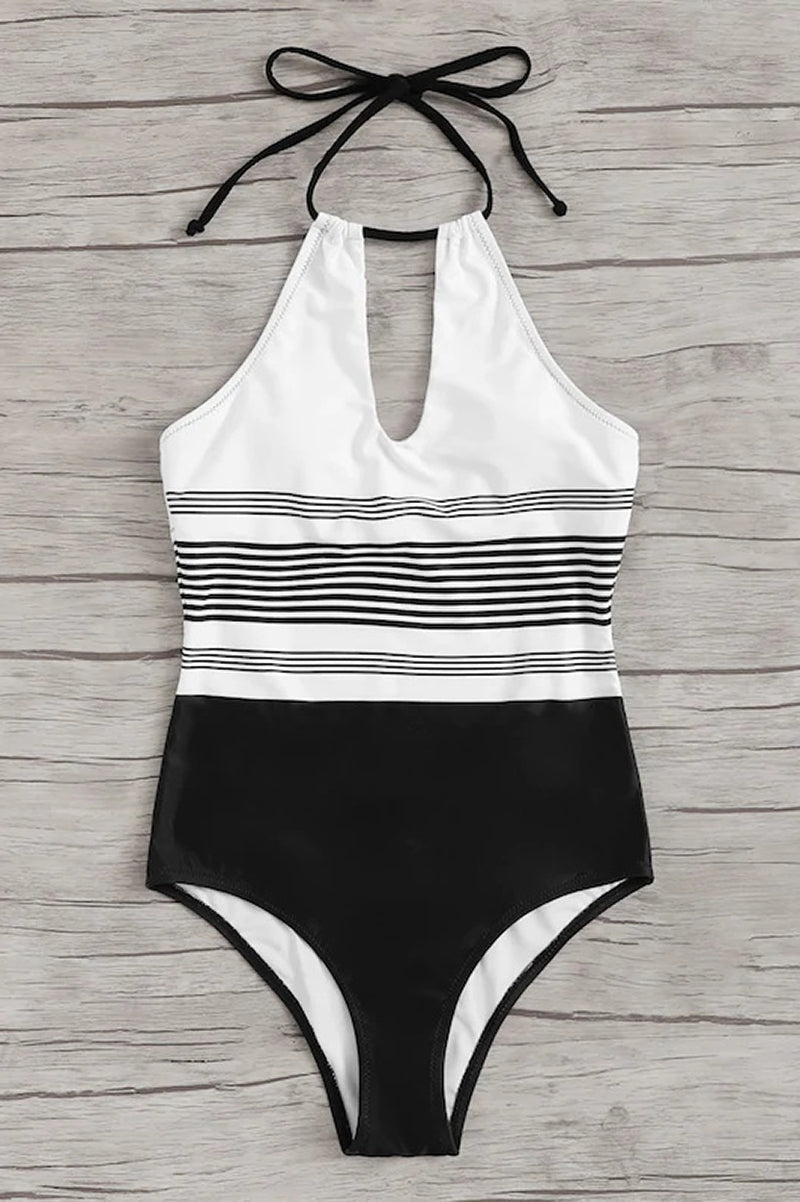 Women Swimsuit Halter Keyhole Neckline Striped One Piece - Evergreen Outfits - Women Swimwear