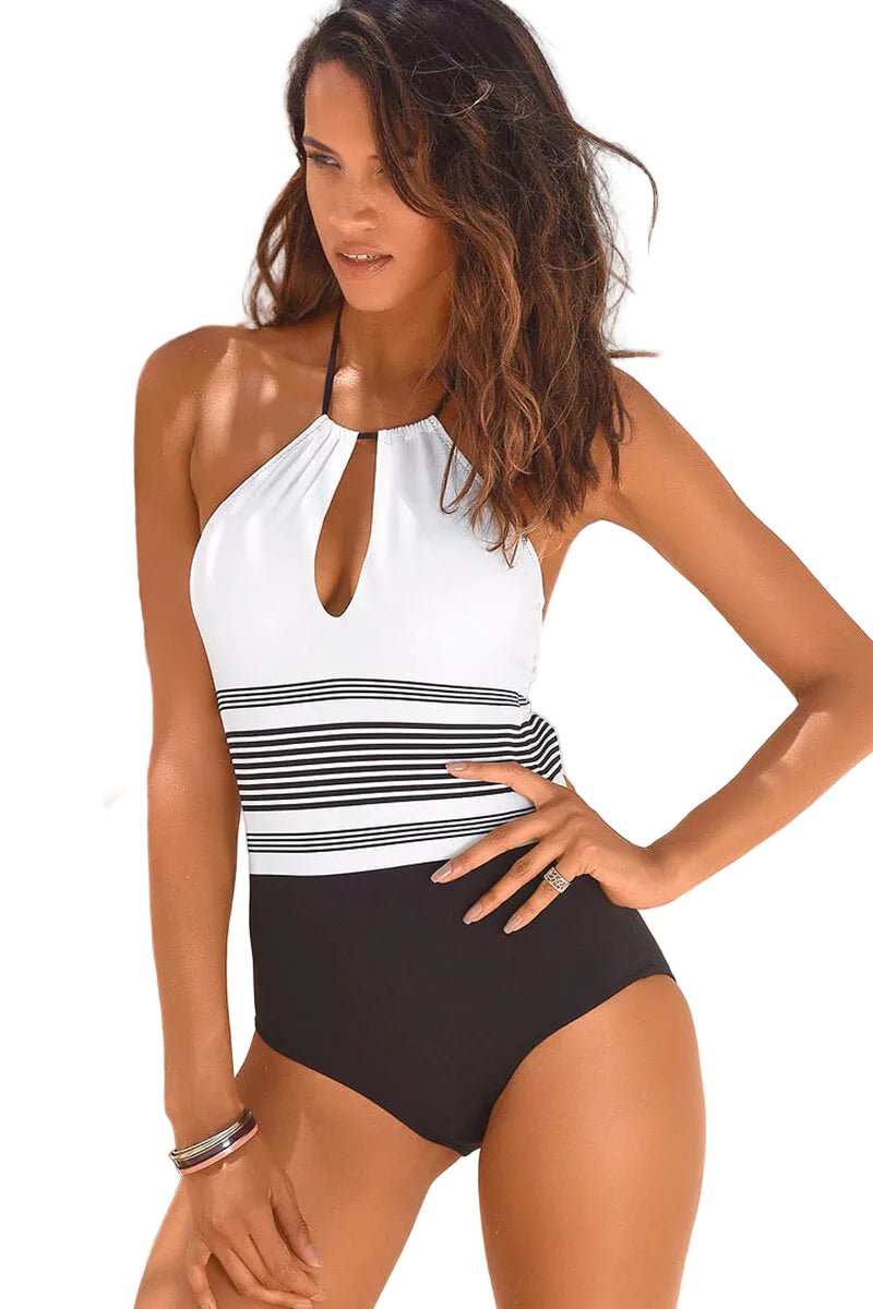 Women Swimsuit Halter Keyhole Neckline Striped One Piece - Evergreen Outfits - Women Swimwear