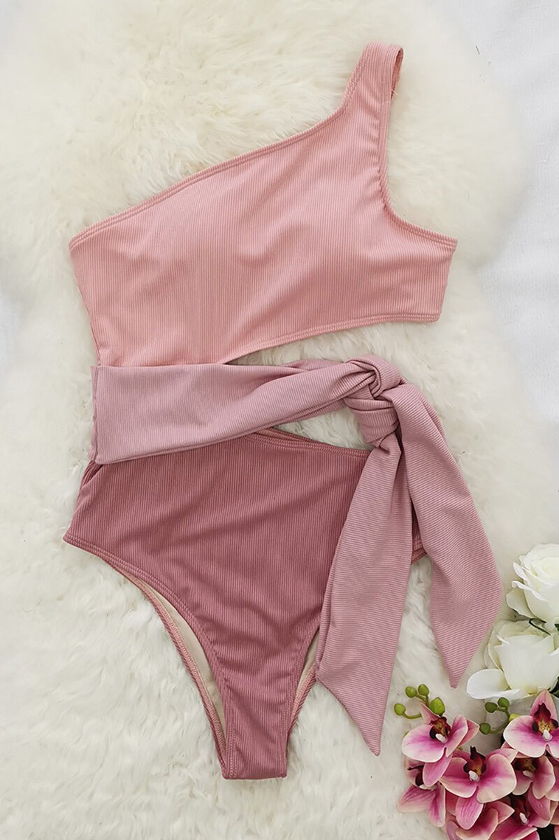 Women Swimsuit One Shoulder Ribbed Cut Out Bow Detail - Evergreen Outfits - Women Swimwear
