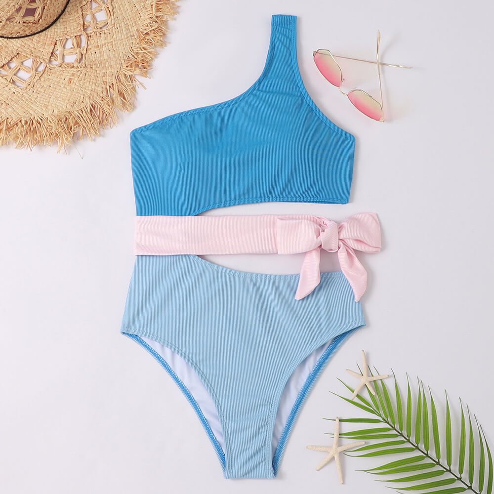 Women Swimsuit One Shoulder Ribbed Cut Out Bow Detail - Evergreen Outfits - Women Swimwear