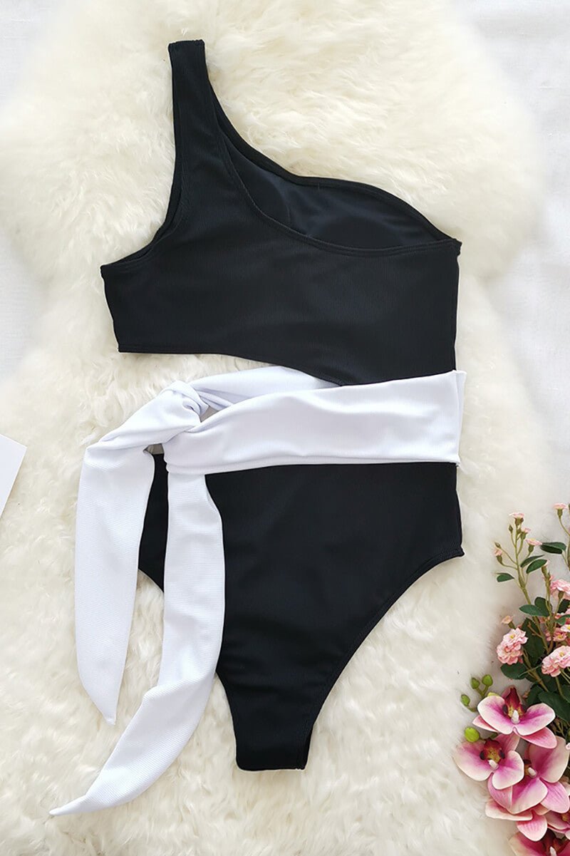 Women Swimsuit One Shoulder Ribbed Cut Out Bow Detail - Evergreen Outfits - Women Swimwear