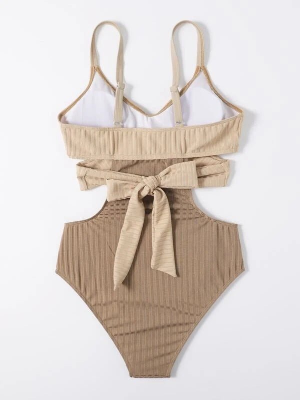 Women Swimsuit Ribbed Cut Out Crossed Waistband Front - Evergreen Outfits - Women Swimwear