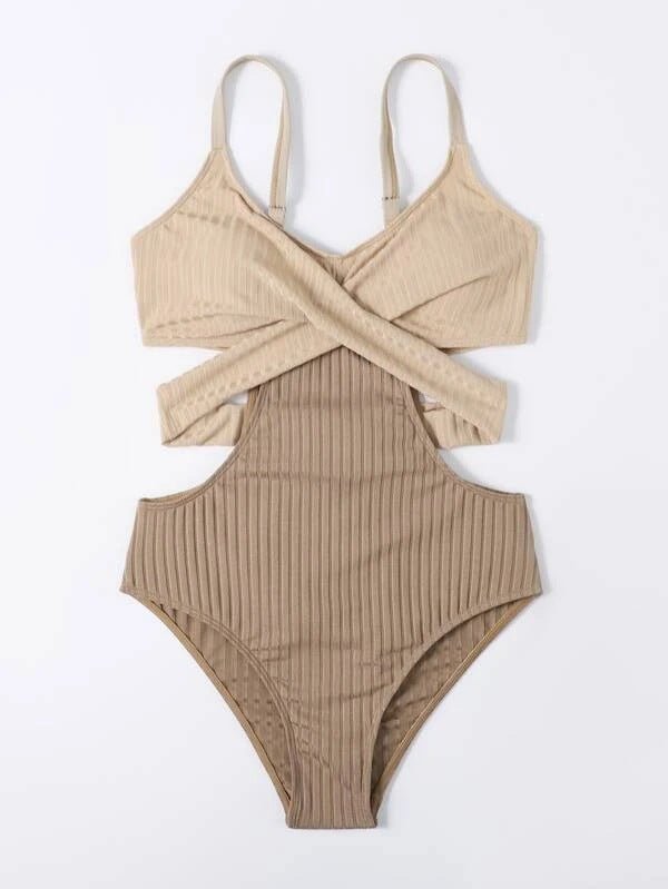 Women Swimsuit Ribbed Cut Out Crossed Waistband Front - Evergreen Outfits - Women Swimwear