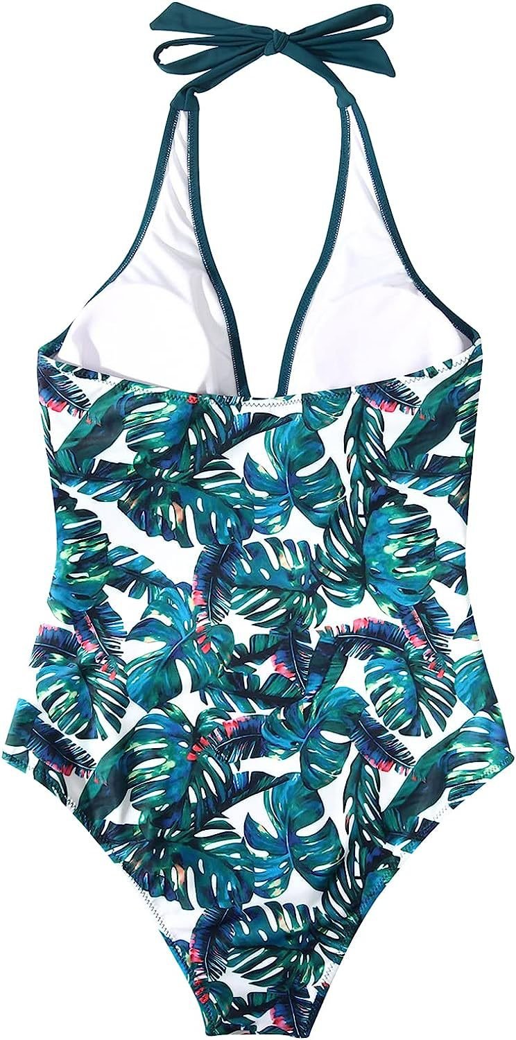 Women Swimsuit V Neck Halter Neck Backless One Piece - Evergreen Outfits - Women Swimwear