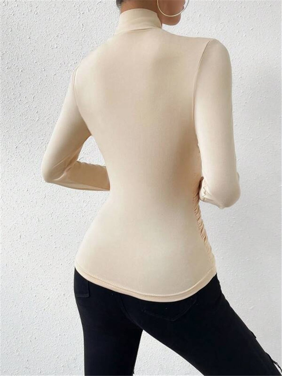 Women Top Fitted Long Sleeve Draped Crossover Front - Evergreen Outfits - Women Top