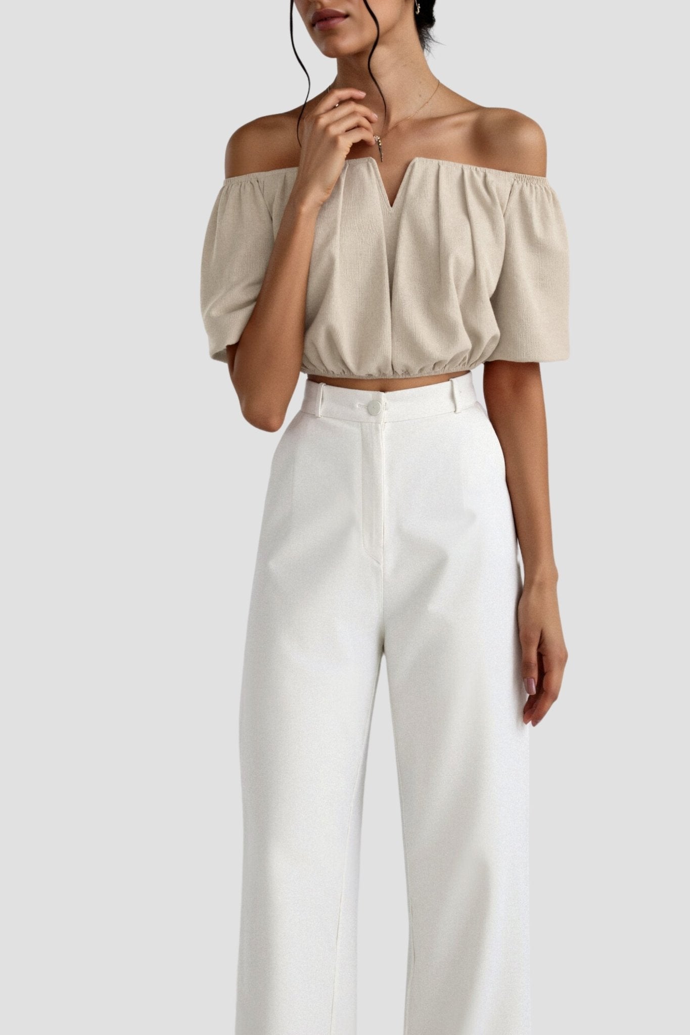 Women Top Off Shoulder V Neck Half Sleeve Loose Fit - Evergreen Outfits - Women Top