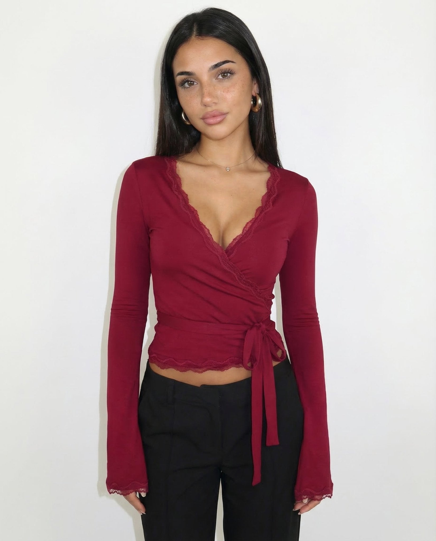 Wrap Top Women Lace Trim Deep Neck Flare Sleeve Design - Evergreen Outfits - Women Top
