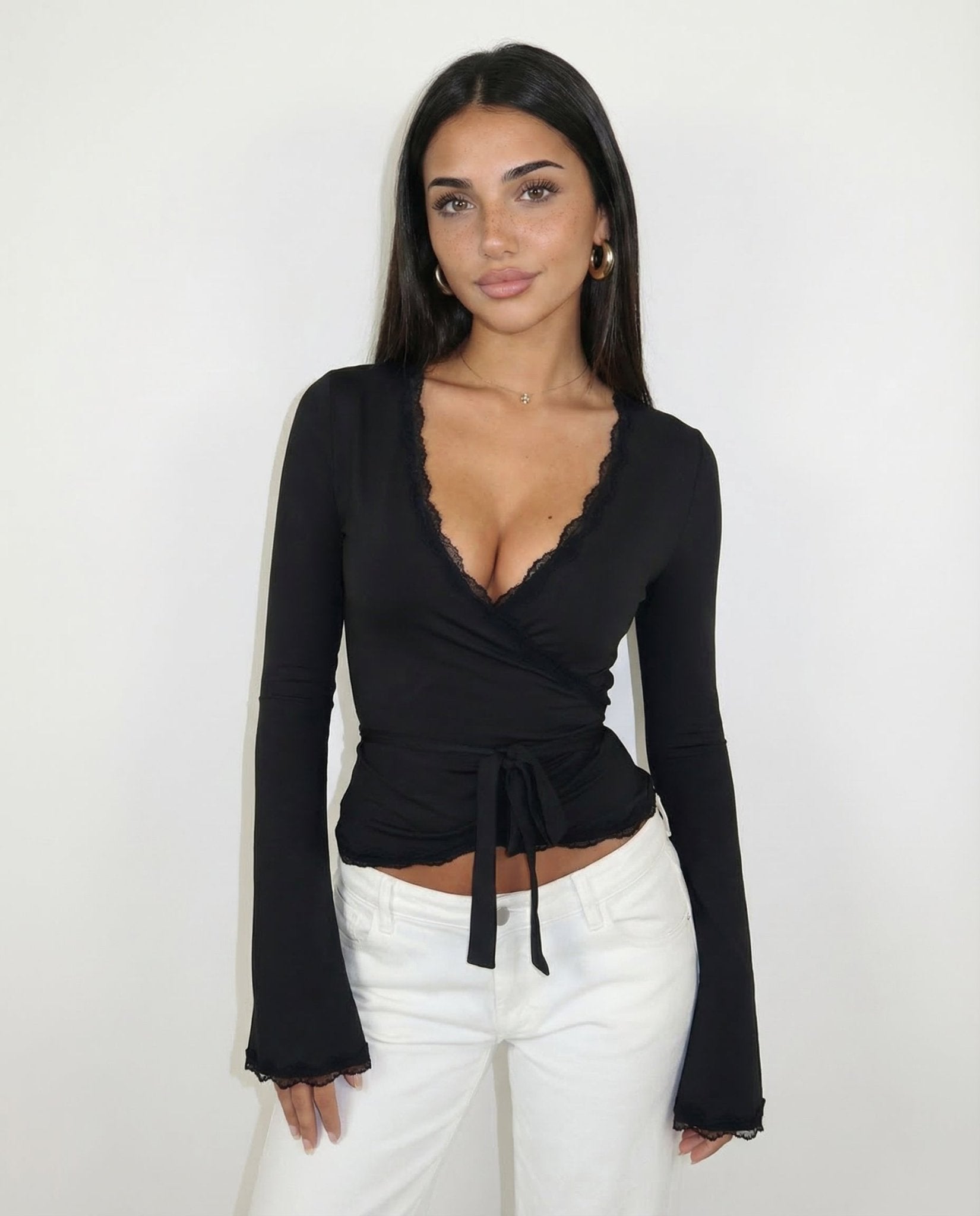 Wrap Top Women Lace Trim Deep Neck Flare Sleeve Design - Evergreen Outfits - Women Top