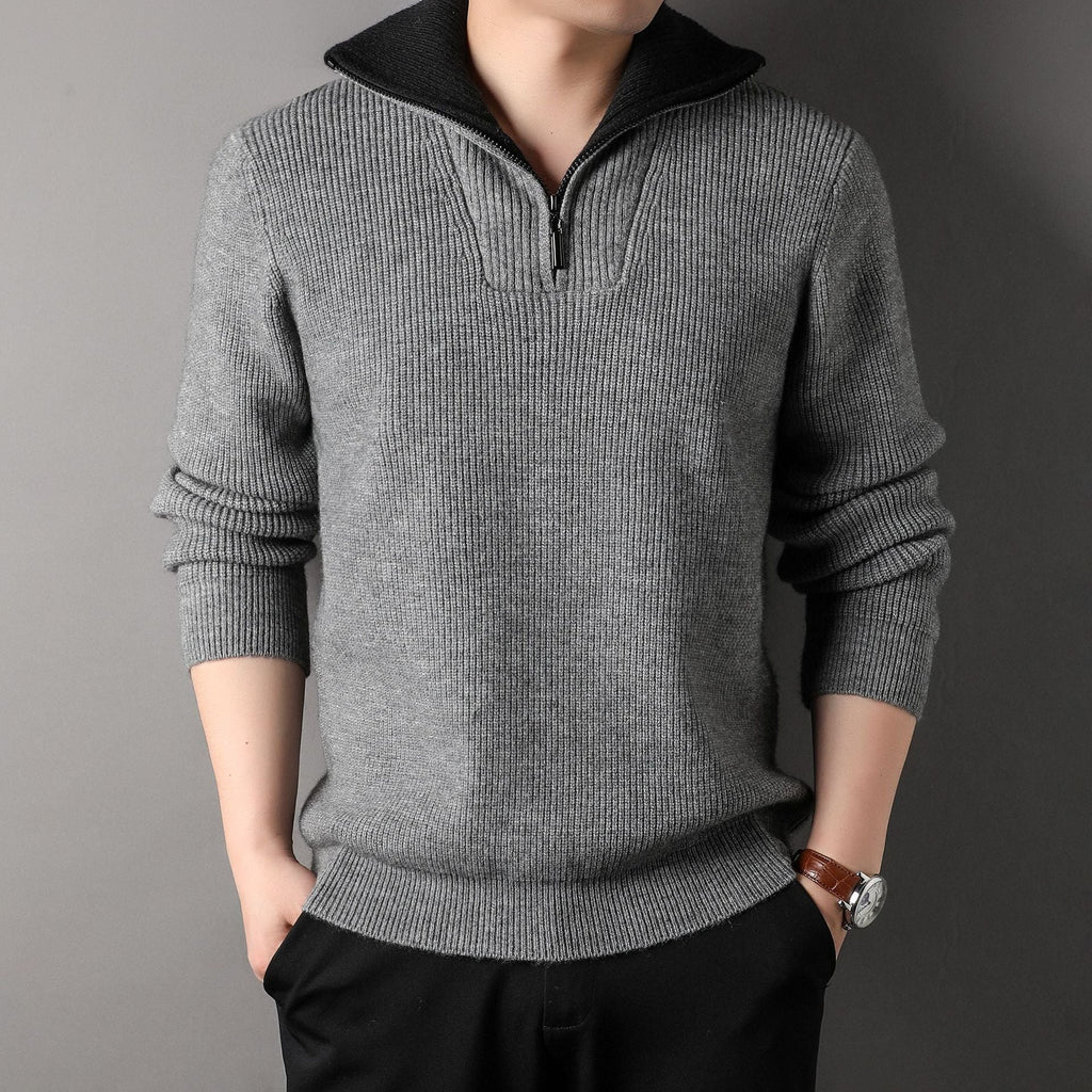 Men Sweater | Quarter-Zip Ribbed Knit with Contrast Collar