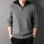 Men Sweater | Quarter-Zip Ribbed Knit with Contrast Collar