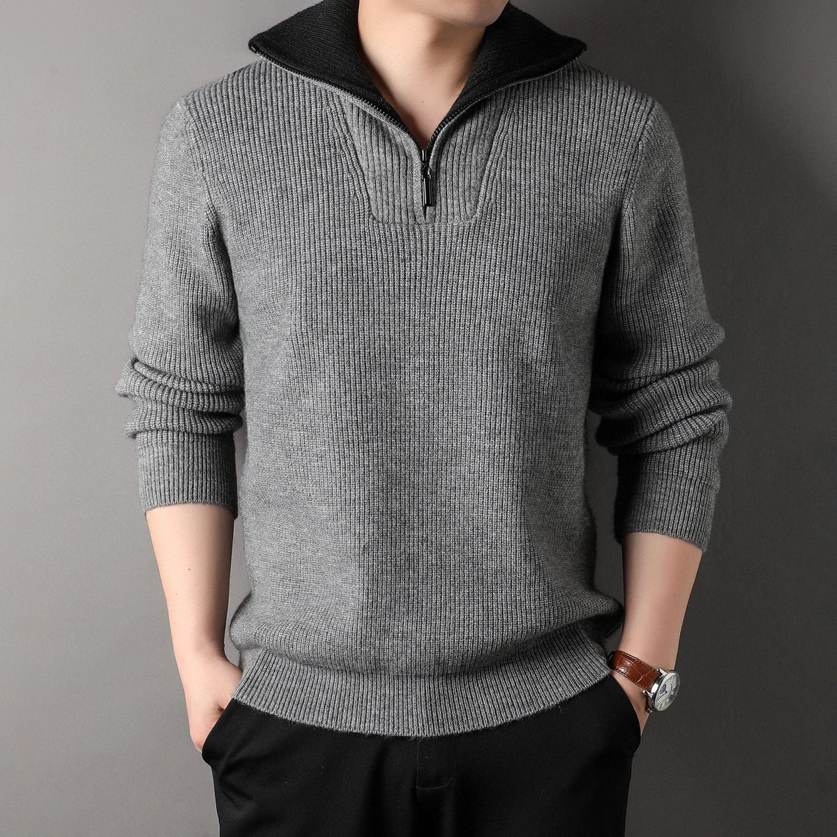 Men Sweater | Quarter-Zip Ribbed Knit with Contrast Collar