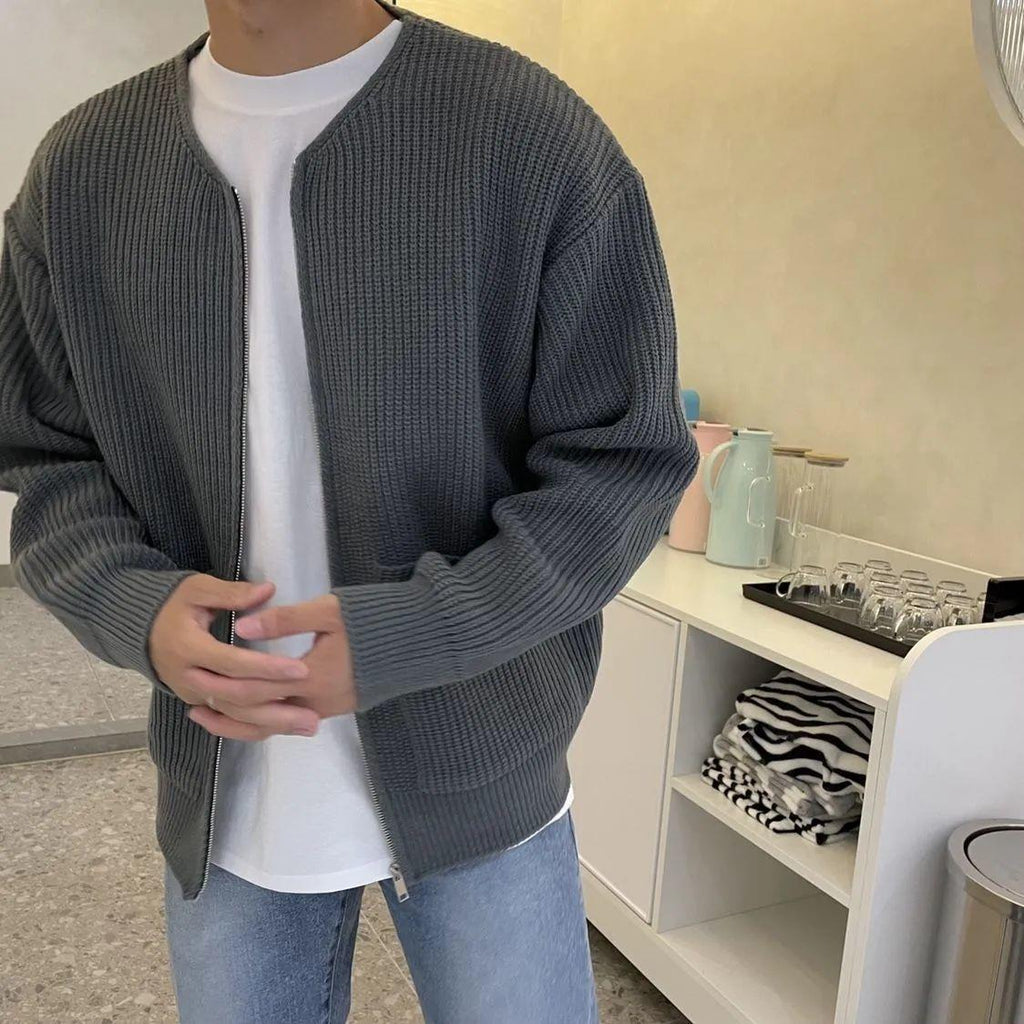 Men Cardigan | Zip-Up Crew Neck Ribbed Knit with Pockets