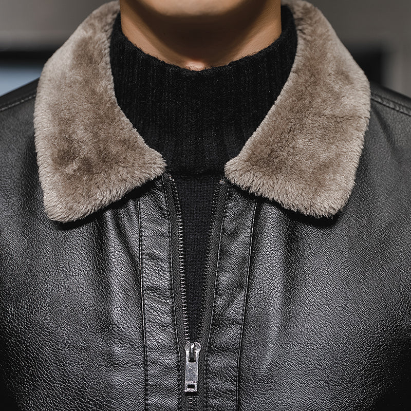 Men Jacket | Full-Zip Faux Leather with Faux Fur Collar
