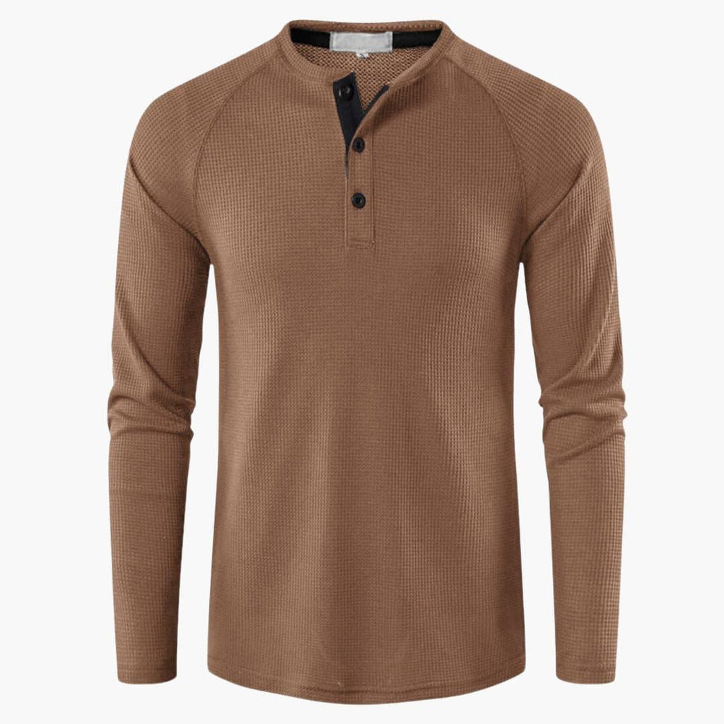 Men T-Shirt | Waffle-Knit Henley with Relaxed Fit Long Sleeve