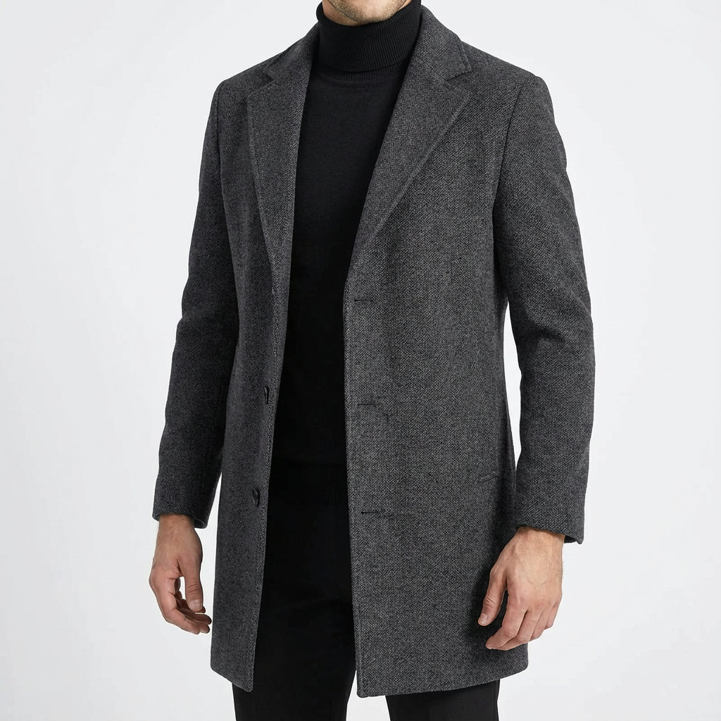 Men Coat | Slim Fit Mid-Thigh Length Three-Button Front