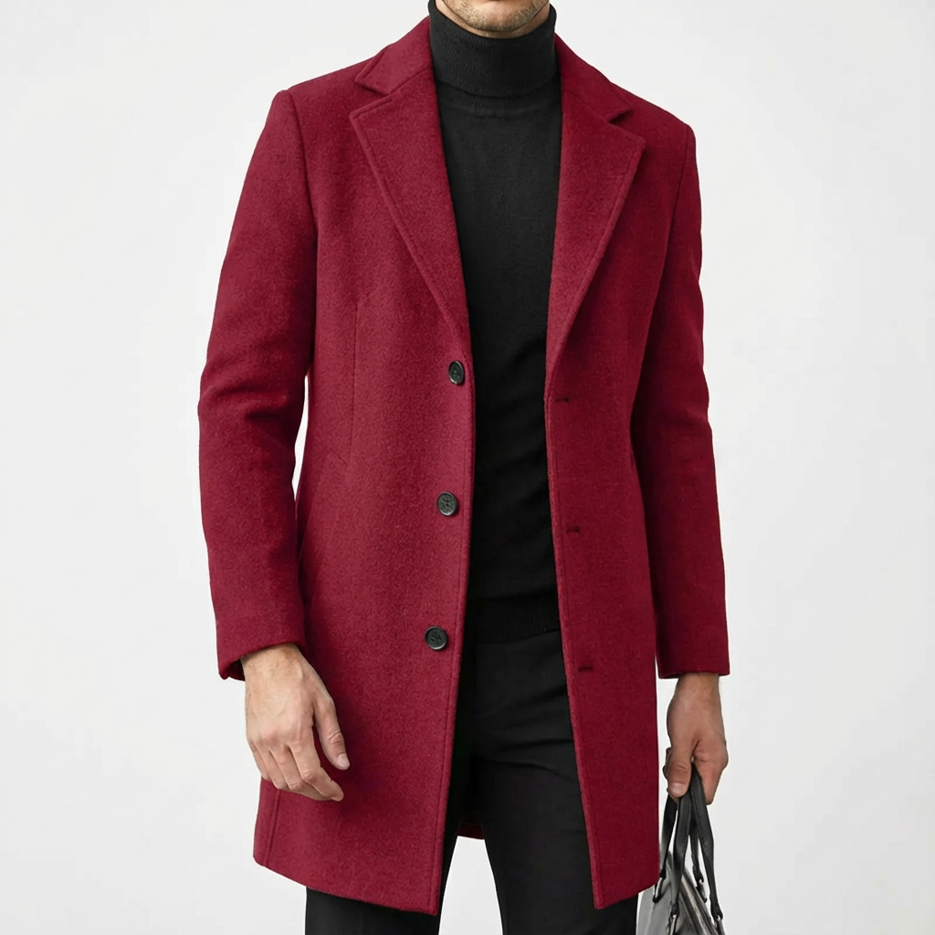 Men Coat | Slim Fit Mid-Thigh Length Three-Button Front