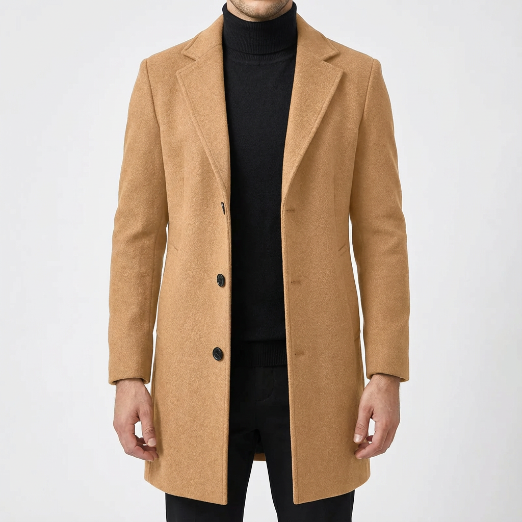 Men Coat | Slim Fit Mid-Thigh Length Three-Button Front