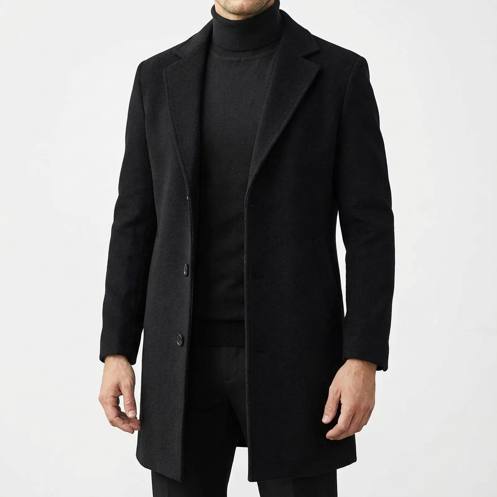 Men Coat | Slim Fit Mid-Thigh Length Three-Button Front