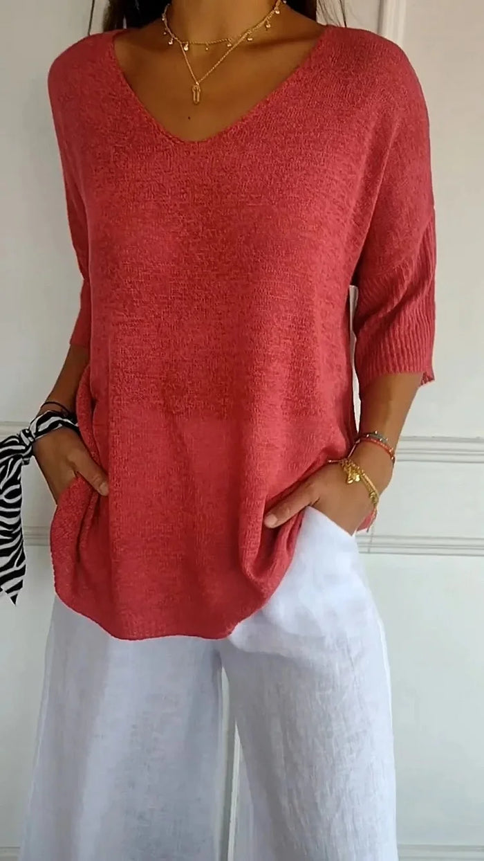 Women Sweater | Ribbed V-Neck Pullover with Long Sleeves