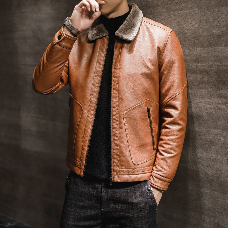 Men Jacket | Full-Zip Faux Leather with Faux Fur Collar