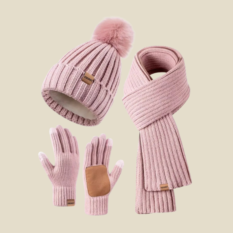 Women Set | Ribbed Knit Beanie Scarf and Gloves Three-Piece