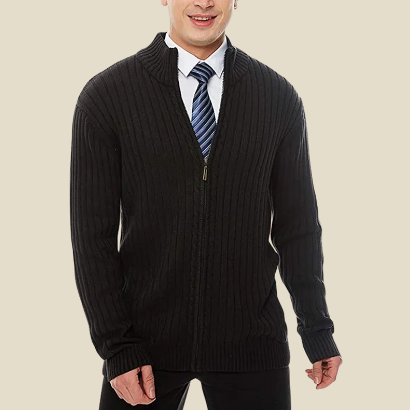Men Cardigan | Zip-Up Ribbed Knit with Stand Collar Fit
