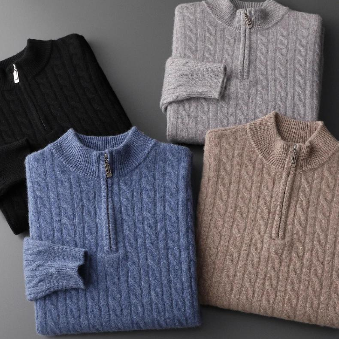 Men Sweater | Cable Knit Half-Zip Standing Collar Regular Fit
