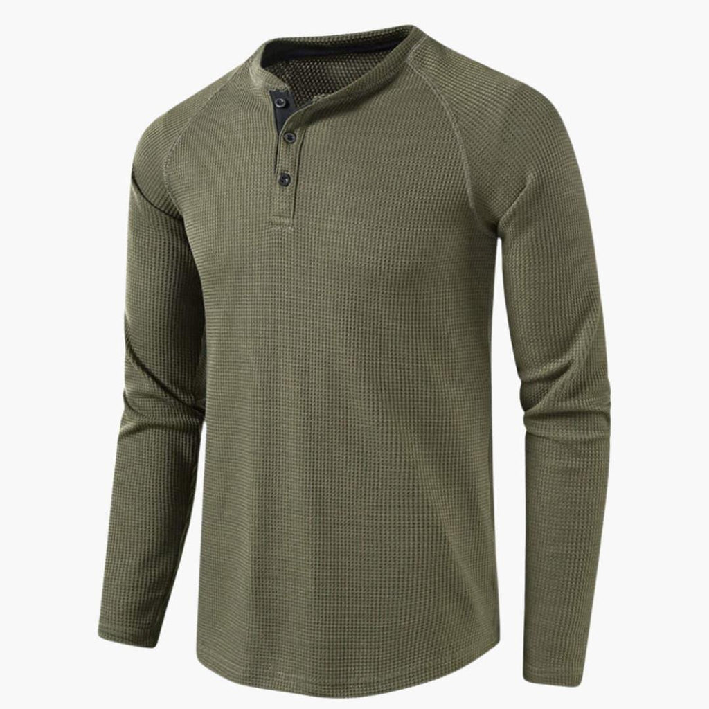 Men T-Shirt | Waffle-Knit Henley with Relaxed Fit Long Sleeve