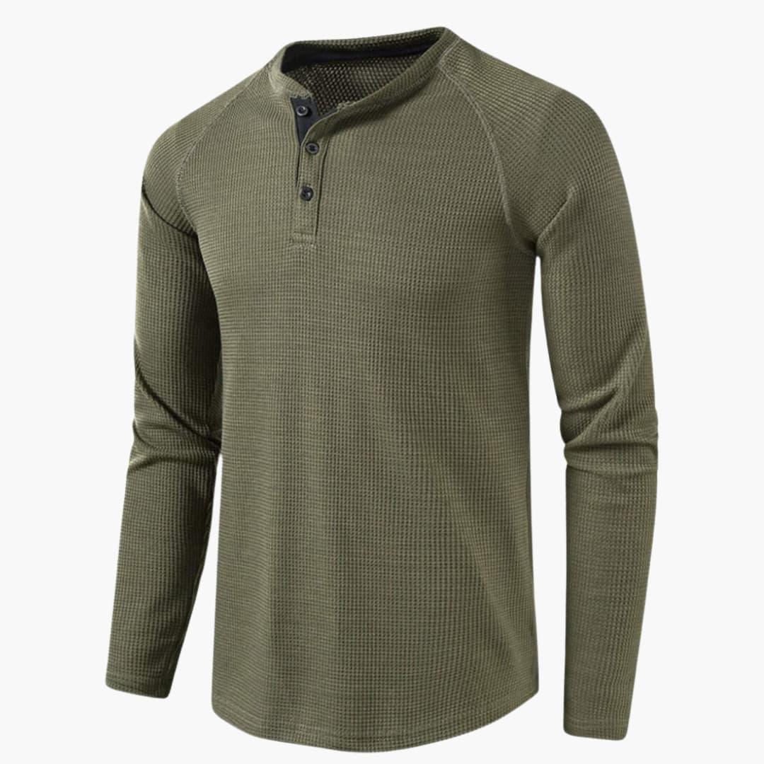 Men T-Shirt | Waffle-Knit Henley with Relaxed Fit Long Sleeve