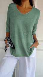 Women Sweater | Ribbed V-Neck Pullover with Long Sleeves