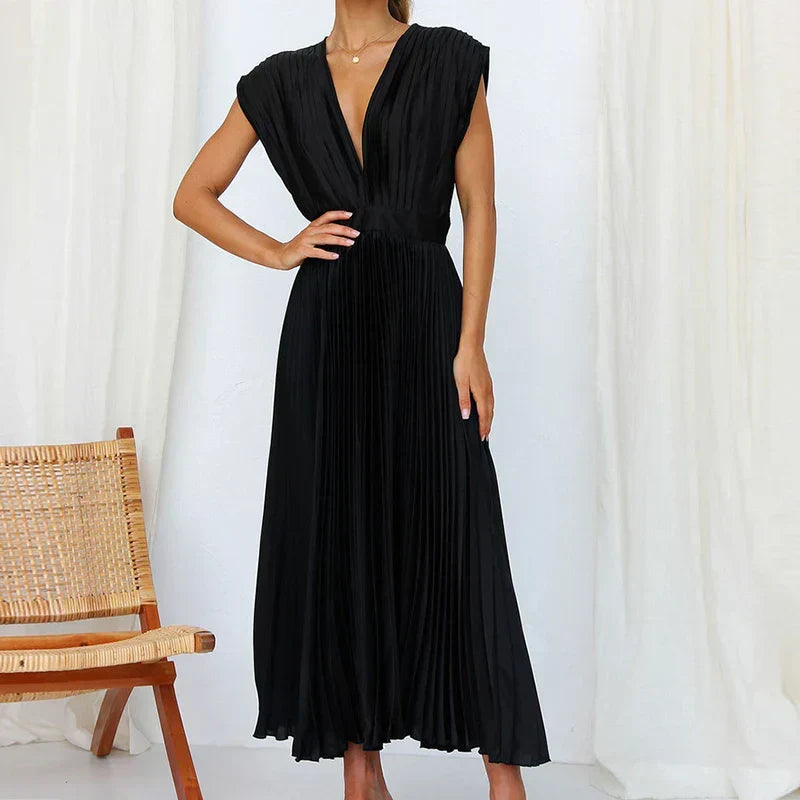 Women Dress | V-Neck Maxi Cut with Pleated Flowing Silhouette