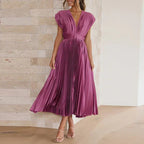 Women Dress | V-Neck Maxi Cut with Pleated Flowing Silhouette