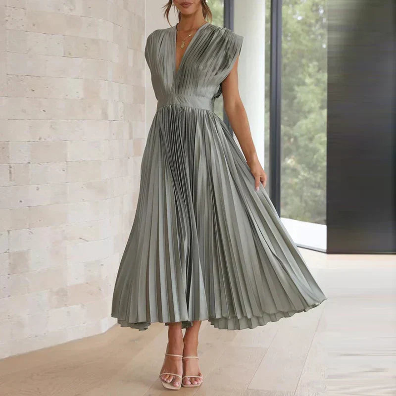 Women Dress | V-Neck Maxi Cut with Pleated Flowing Silhouette