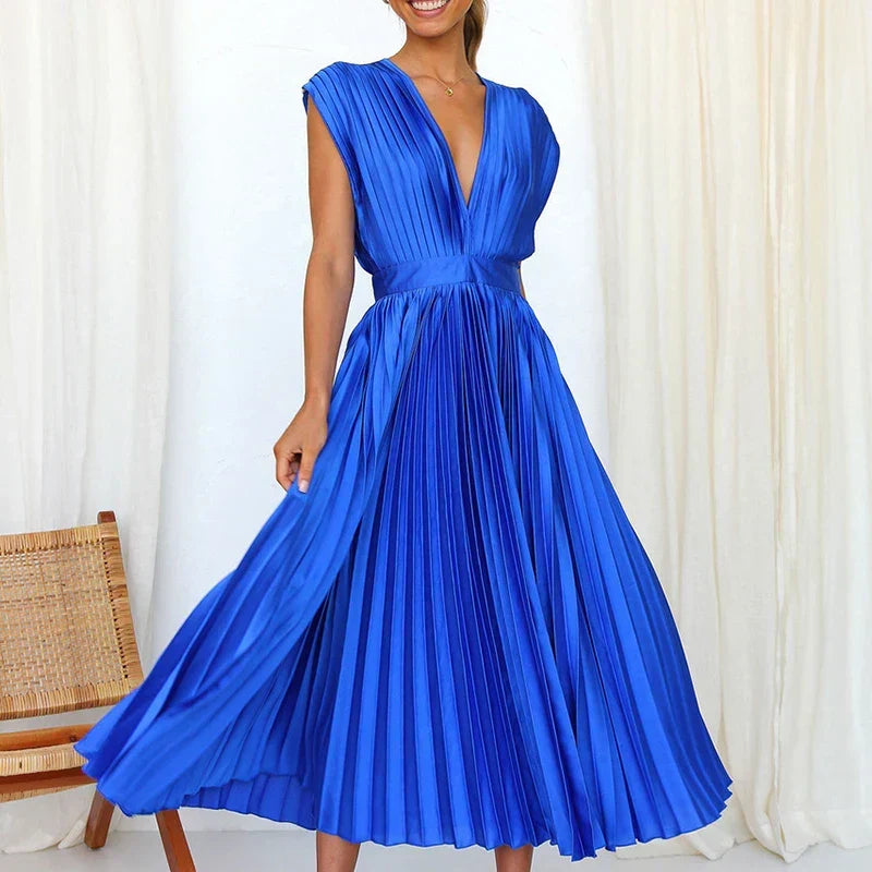 Women Dress | V-Neck Maxi Cut with Pleated Flowing Silhouette