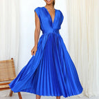 Women Dress | V-Neck Maxi Cut with Pleated Flowing Silhouette