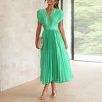 Women Dress | V-Neck Maxi Cut with Pleated Flowing Silhouette