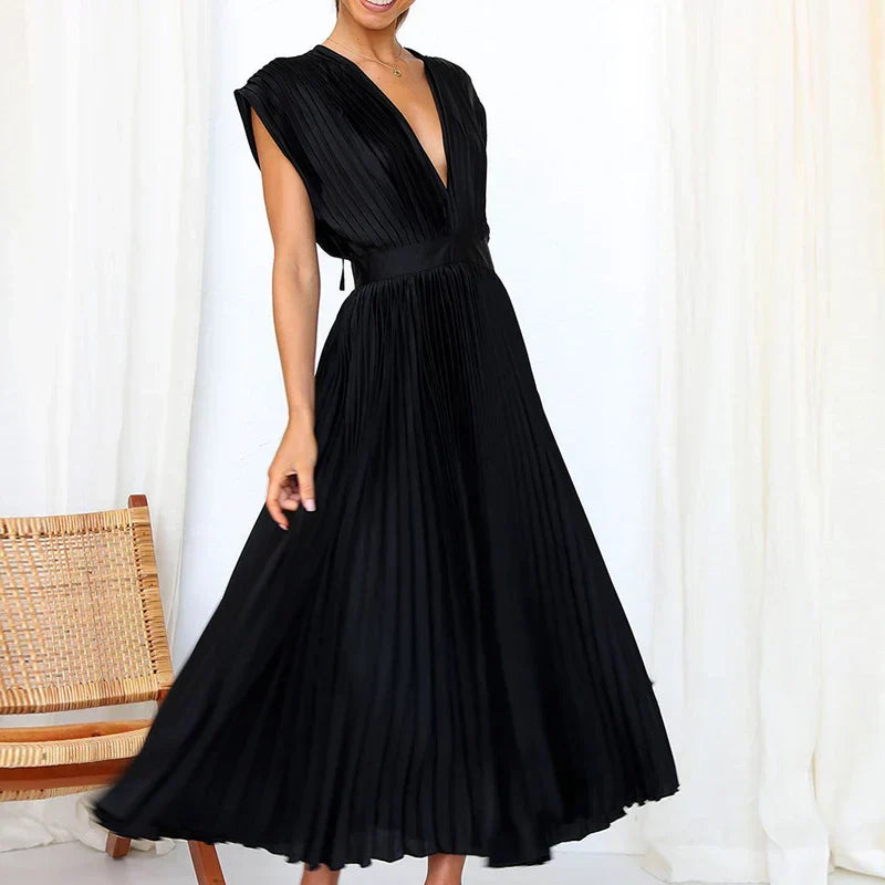 Women Dress | V-Neck Maxi Cut with Pleated Flowing Silhouette